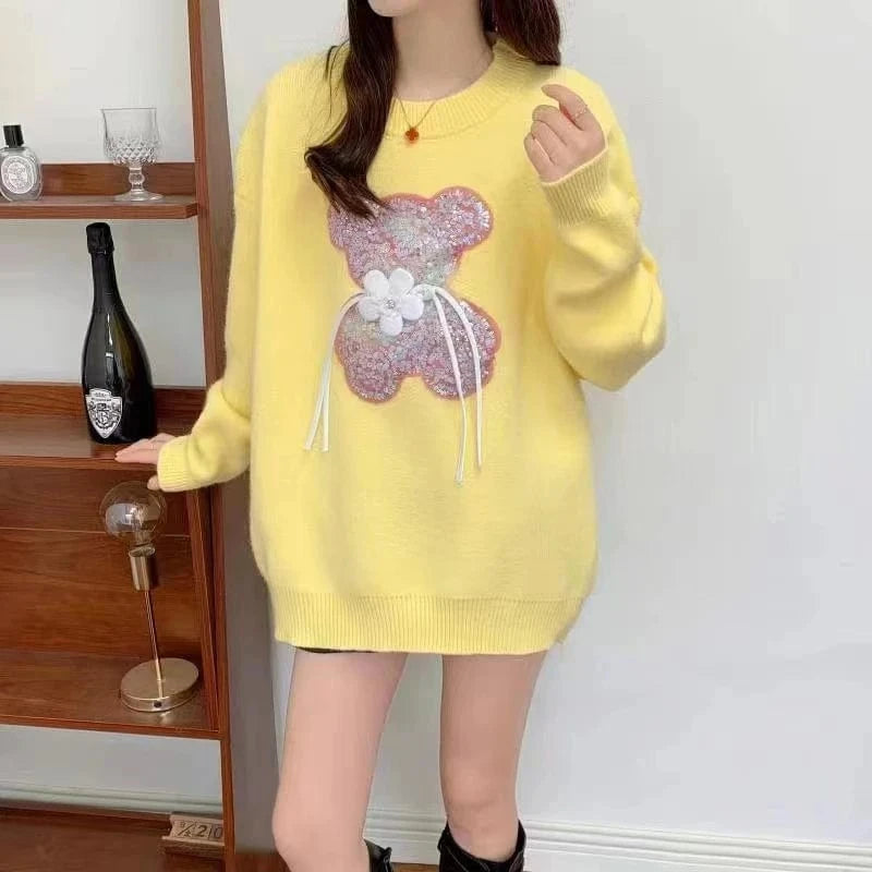 2024 early spring fashionable women new arrival round neck loose fit luxury high quality bear beading pullover sweater