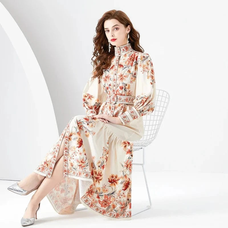 2024 Early Spring Standing Neck Lantern Sleeves Wave Edge Long Retro Print Dress KL6341080