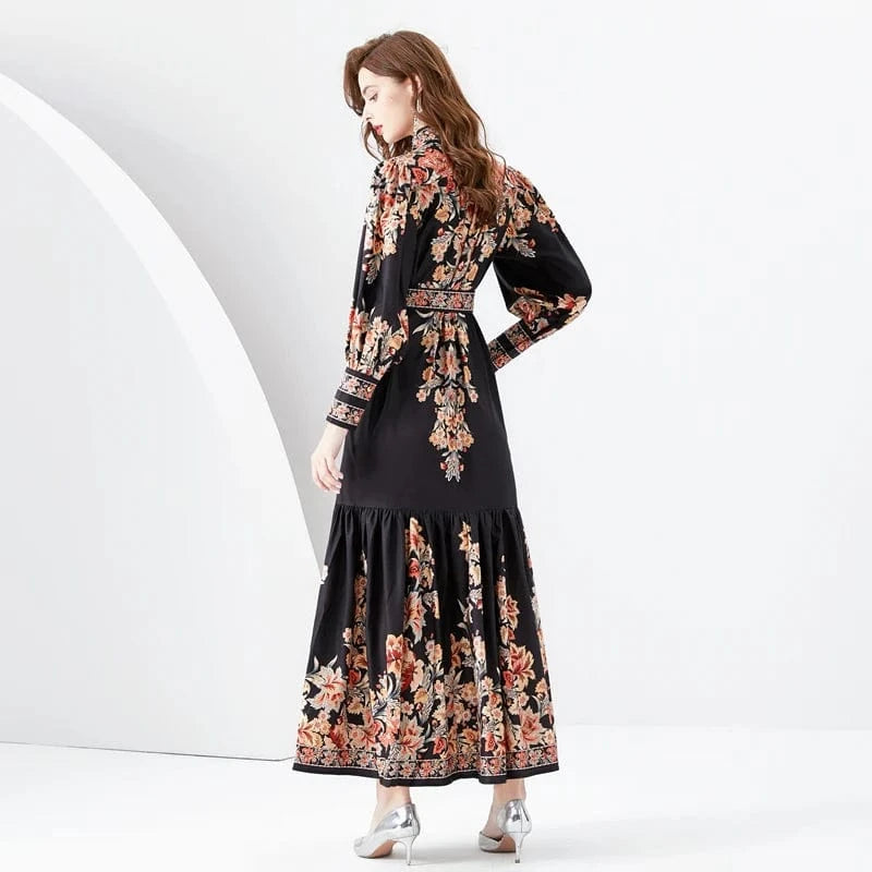 2024 Early Spring Standing Neck Lantern Sleeves Wave Edge Long Retro Print Dress KL6341080