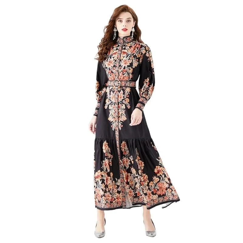 2024 Early Spring Standing Neck Lantern Sleeves Wave Edge Long Retro Print Dress KL6341080