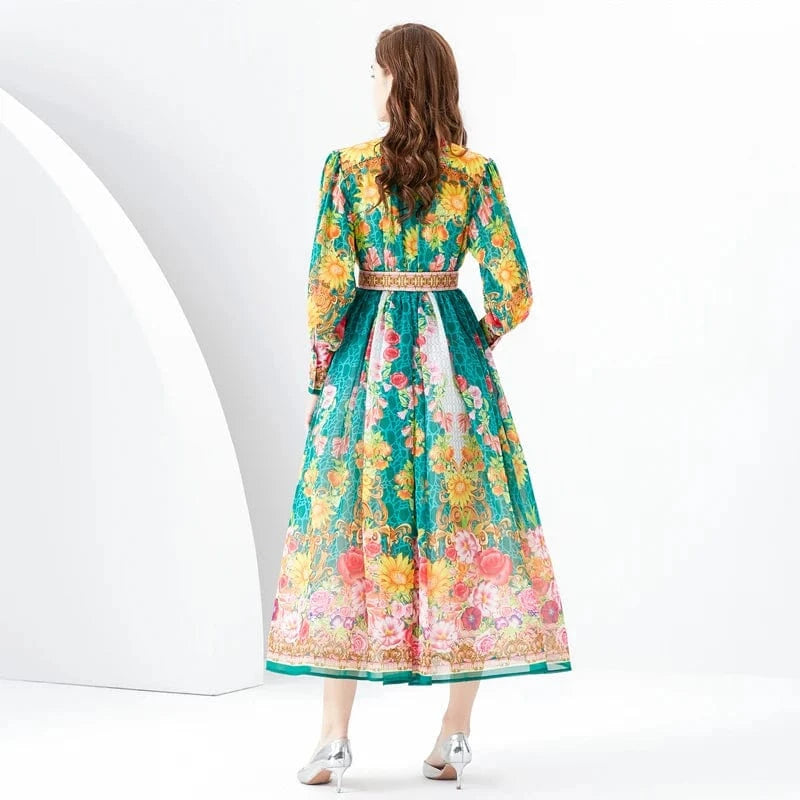 2024 Early Spring Standing Neck Lantern Sleeves Wave Edge Long Retro Print Dress KL6342078