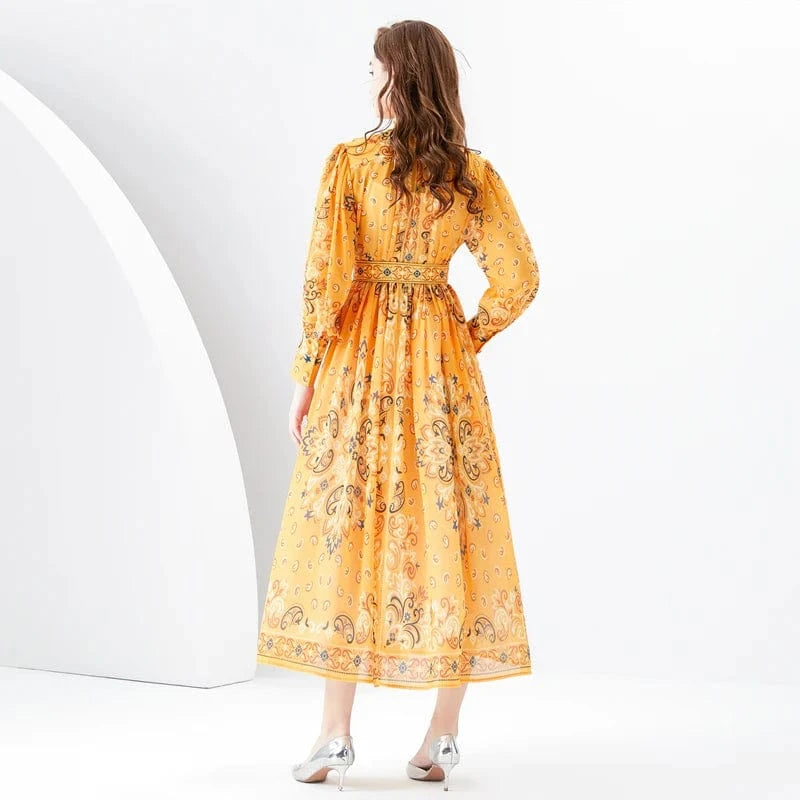 2024 Early Spring Standing Neck Lantern Sleeves Wave Edge Long Retro Print Dress KL6342078