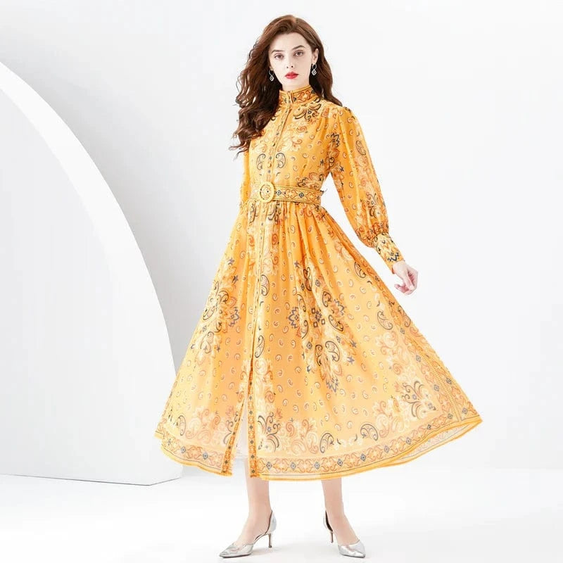 2024 Early Spring Standing Neck Lantern Sleeves Wave Edge Long Retro Print Dress KL6342078
