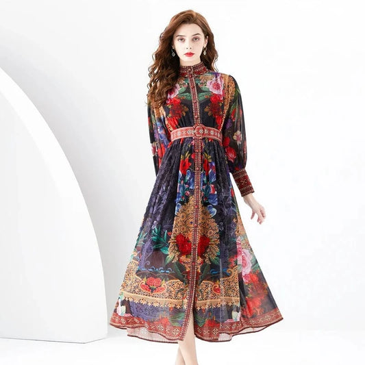 2024 Early Spring Standing Neck Lantern Sleeves Wave Edge Long Retro Print Dress KL6342078
