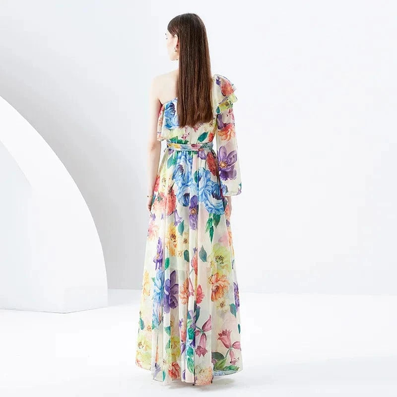 2024 Early Spring Vacation One Shoulder Flare Sleeves Ruffle Edge Printed Dress KL6306085