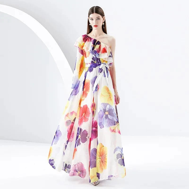 2024 Early Spring Vacation One Shoulder Flare Sleeves Ruffle Edge Printed Dress KL6306085