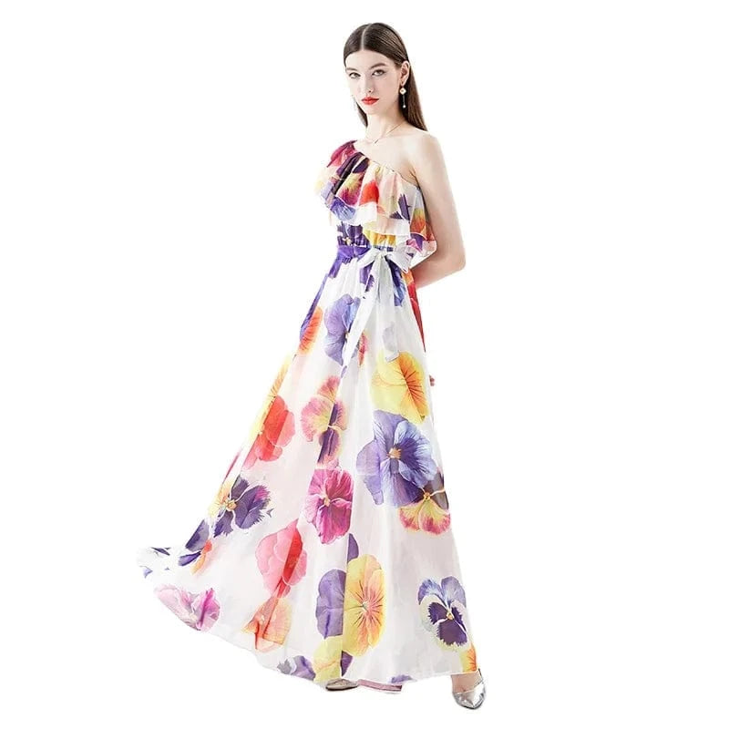 2024 Early Spring Vacation One Shoulder Flare Sleeves Ruffle Edge Printed Dress KL6306085