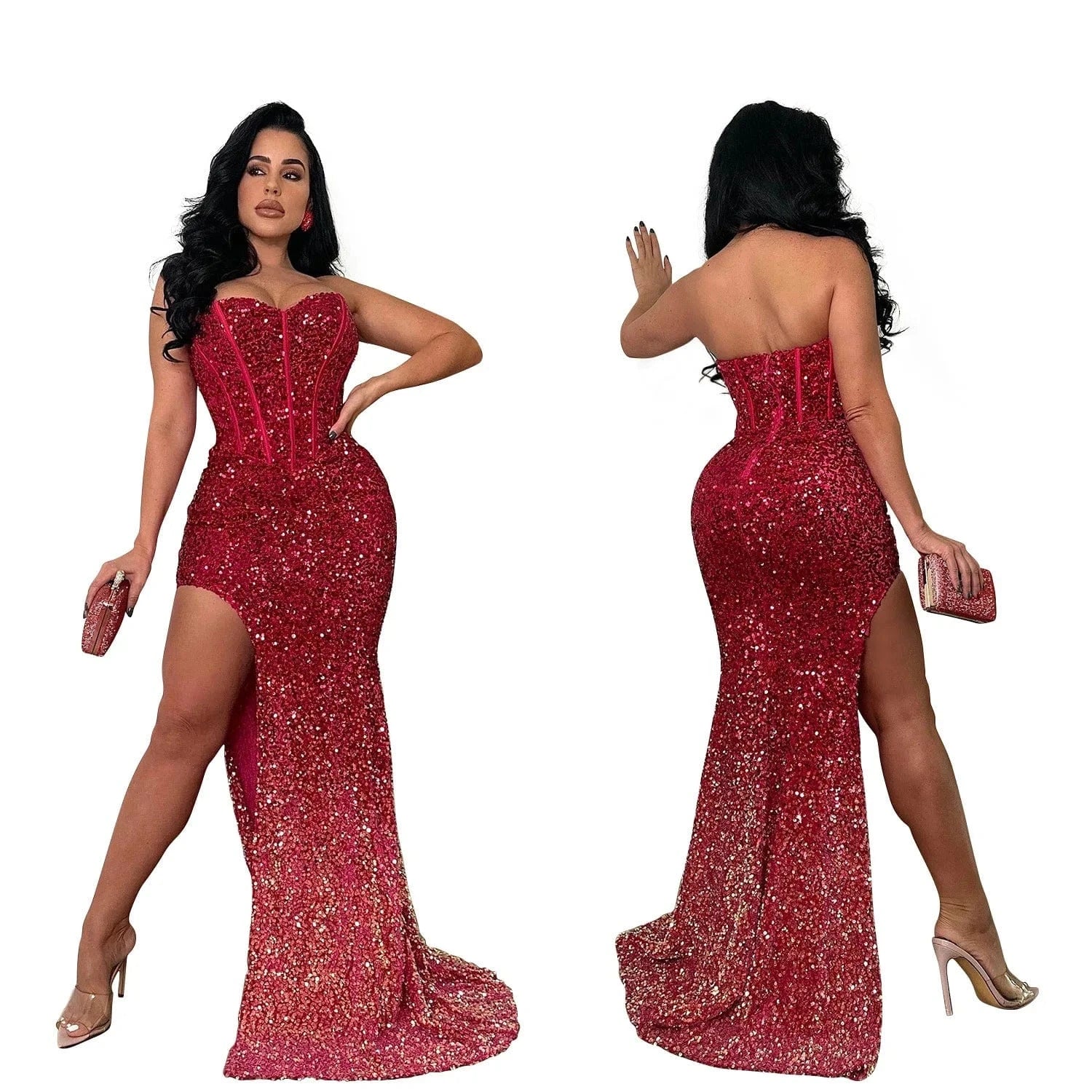 2024 elegant women sleeveless strapless floor length sequin slit wedding evening dress tube top sequin evening gown for women