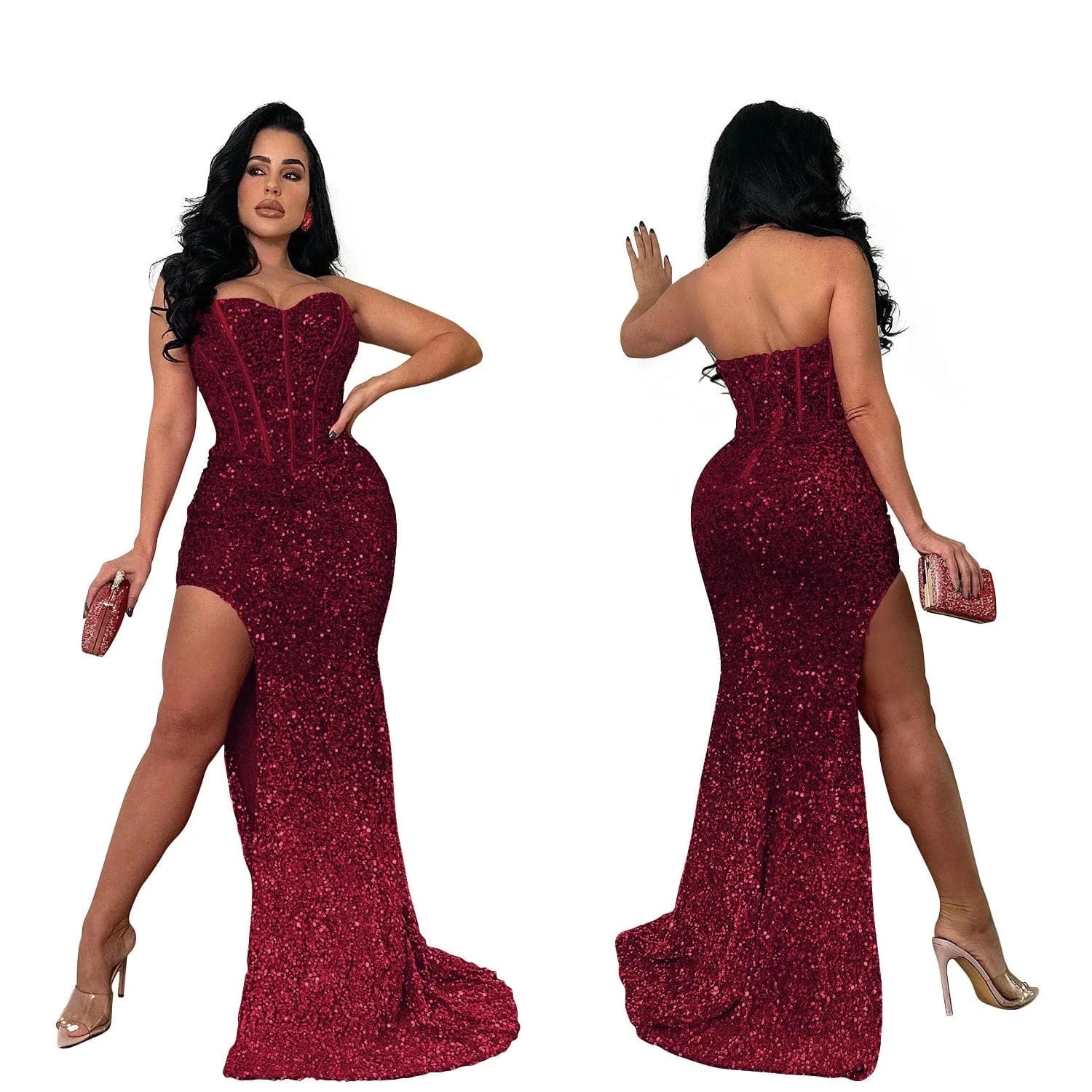 2024 elegant women sleeveless strapless floor length sequin slit wedding evening dress tube top sequin evening gown for women