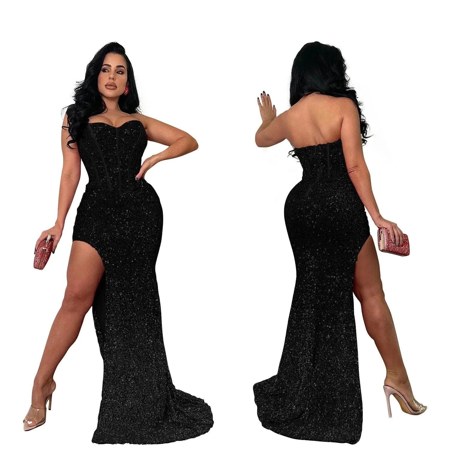 2024 elegant women sleeveless strapless floor length sequin slit wedding evening dress tube top sequin evening gown for women