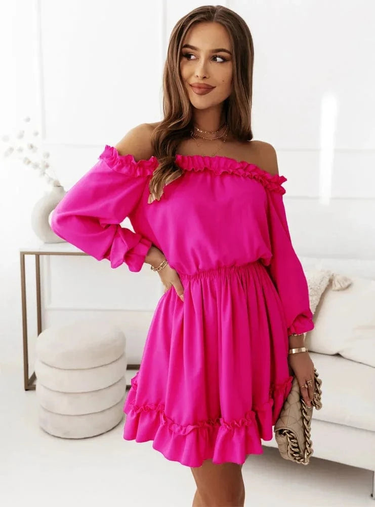 2024 Europe and the United States Spring and Summer New Women's Fashion Casual Solid Color One-line Shoulder Waist Dress