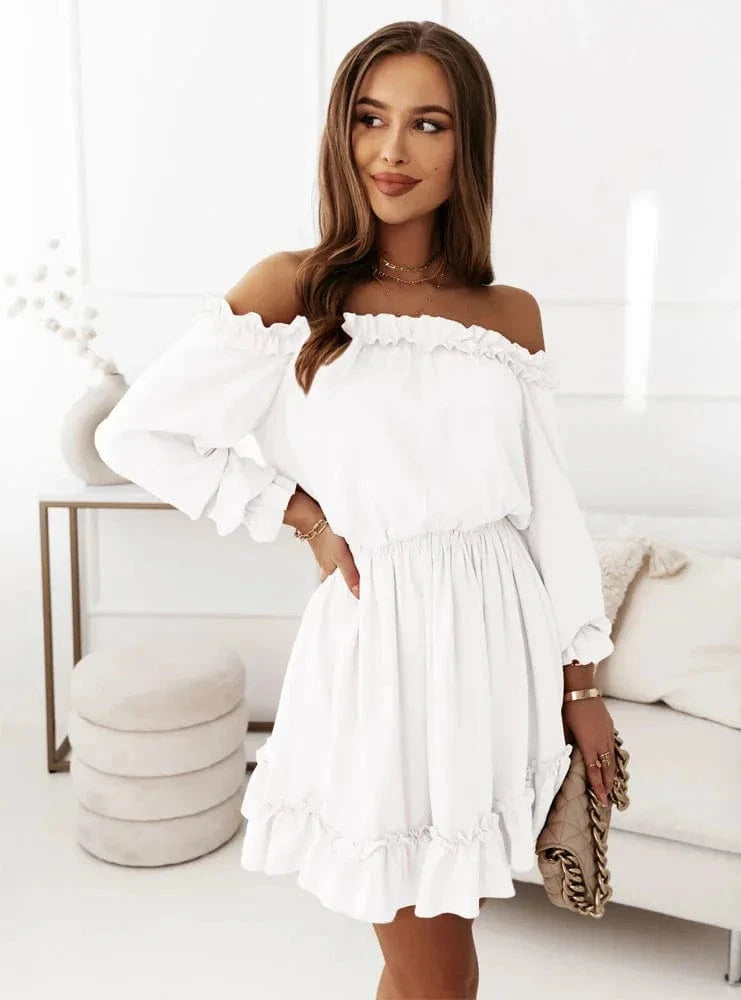 2024 Europe and the United States Spring and Summer New Women's Fashion Casual Solid Color One-line Shoulder Waist Dress