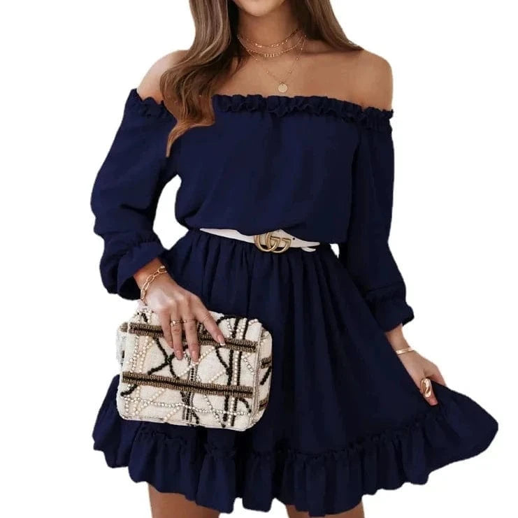 2024 Europe and the United States Spring and Summer New Women's Fashion Casual Solid Color One-line Shoulder Waist Dress