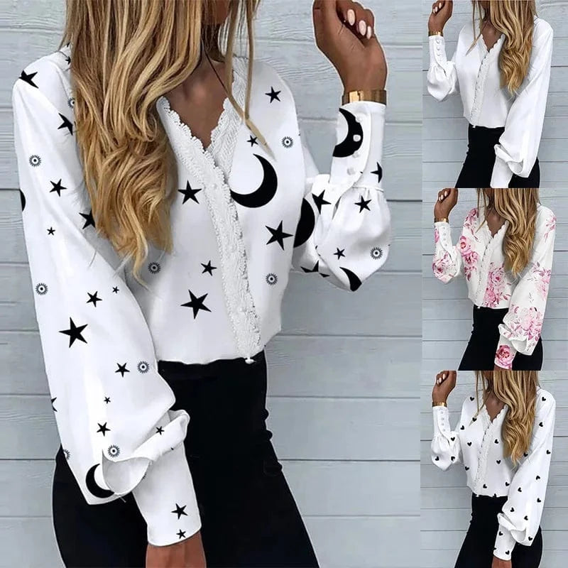 2024 Europe and the United States Spring and Summer New Women's Fashion Printed lace Casual Shirt