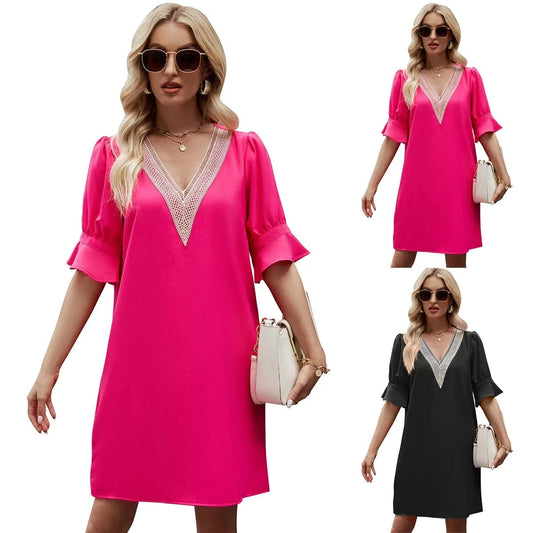 2024 Europe and the United States summer new solid color V-neck  lace loose pleated five-quarter sleeve dress women