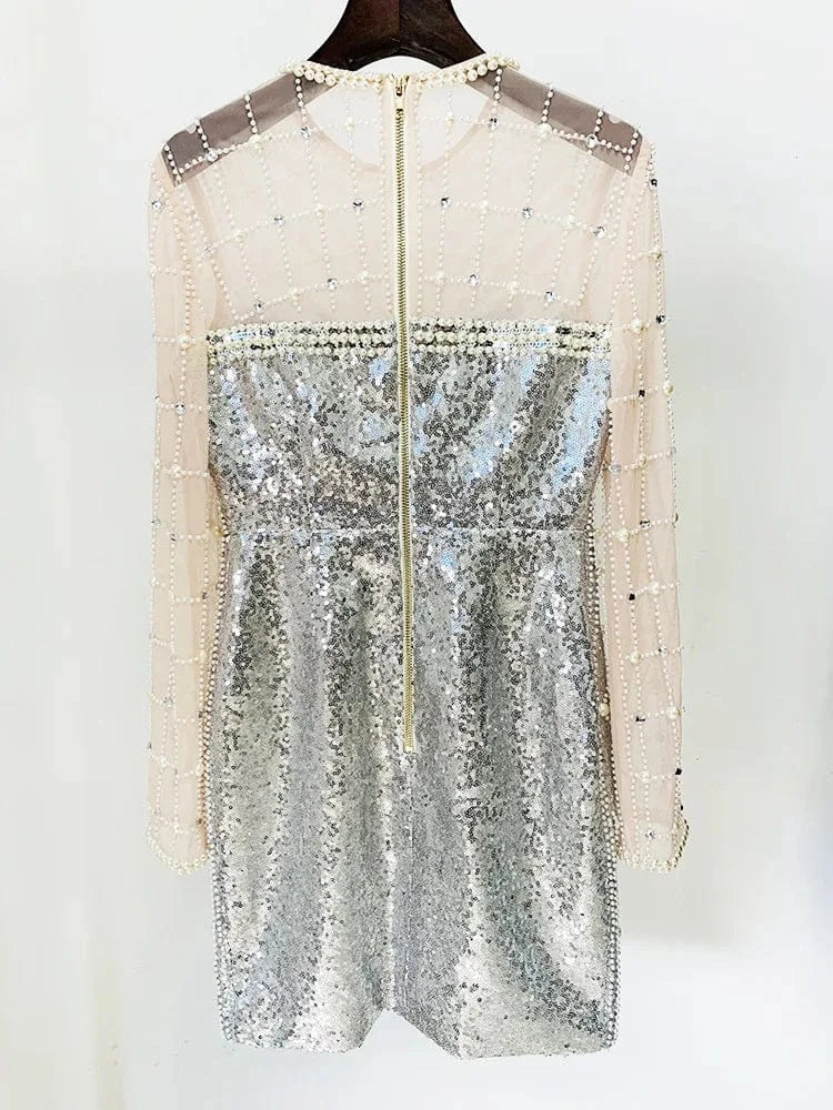2024 Europe Style Fine Workmanship Beading Long Sleeve Round Neckline Women Sexy See-through Gauze Patchwork Mini Dress