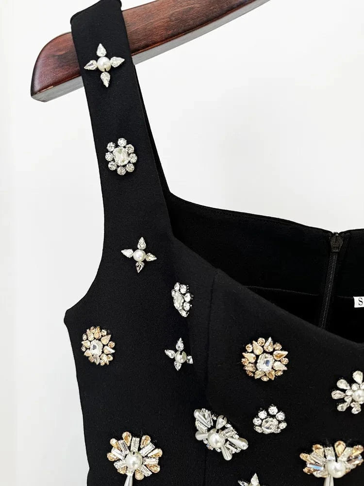 2024 Europe Style Lady Black Vintage Wear Women Fine Workmanship Rhinestone Beading Sleeveless Slim Fitted Slip Long Dress