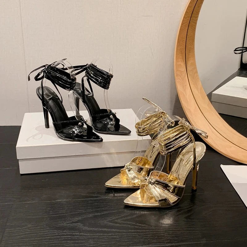 2024 European, American and European rivet cross strap high heel pointed sandals 35-41