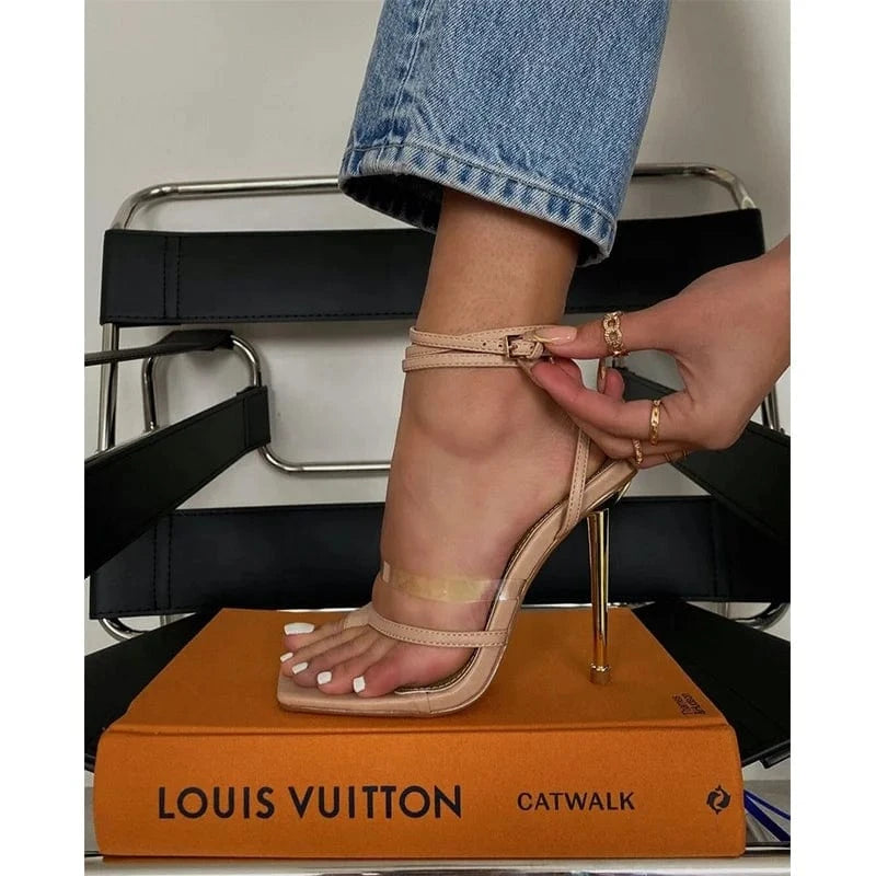 2024 European and American new transparent color matching electroplating heel high heel toe Sandal NEW