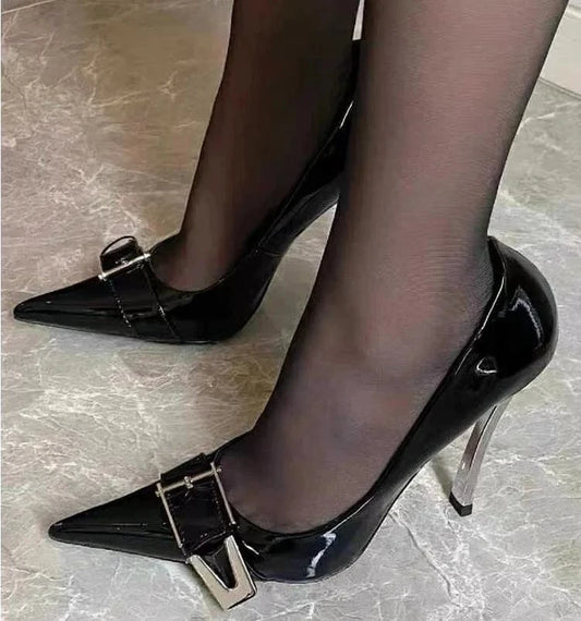 2024 European and American new type heel large metal buckle pointed high-heeled shoes ultra high heel single shoes