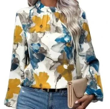 2024 European and American Spring and Autumn New Round Neck Long Sleeve Colored Retro Printing Fashion Women's Top Shirt