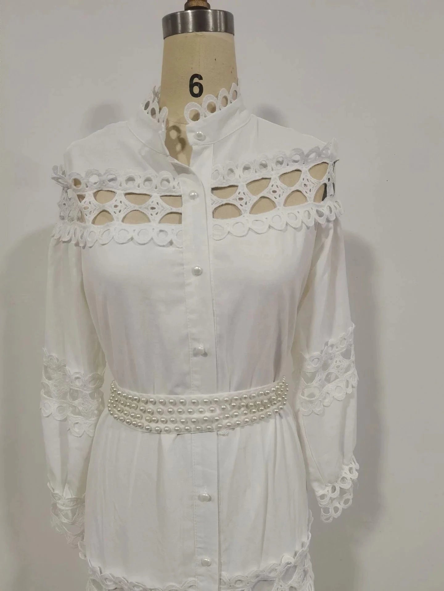 2024 European and American Spring Women's Retro Hollow Lace Spliced Solid Color Round Neck Loose Large Size Long Dress