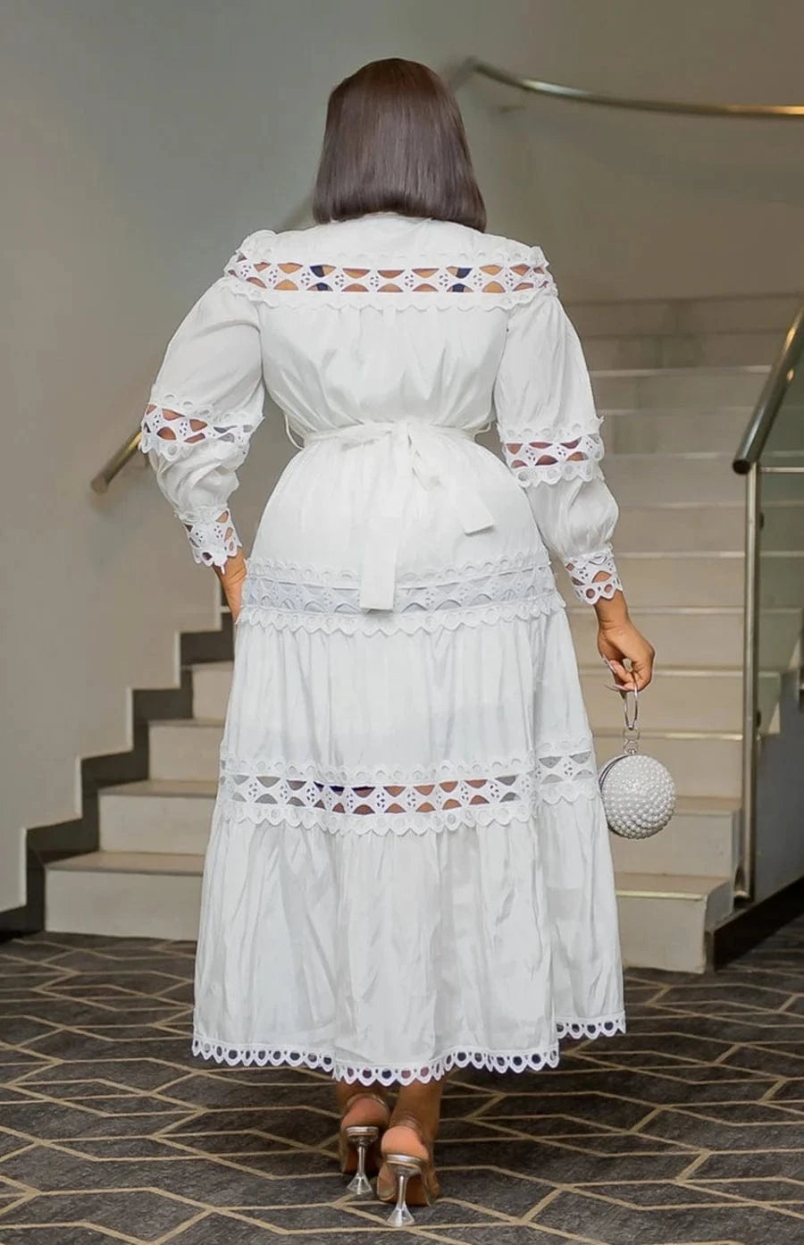 2024 European and American Spring Women's Retro Hollow Lace Spliced Solid Color Round Neck Loose Large Size Long Dress