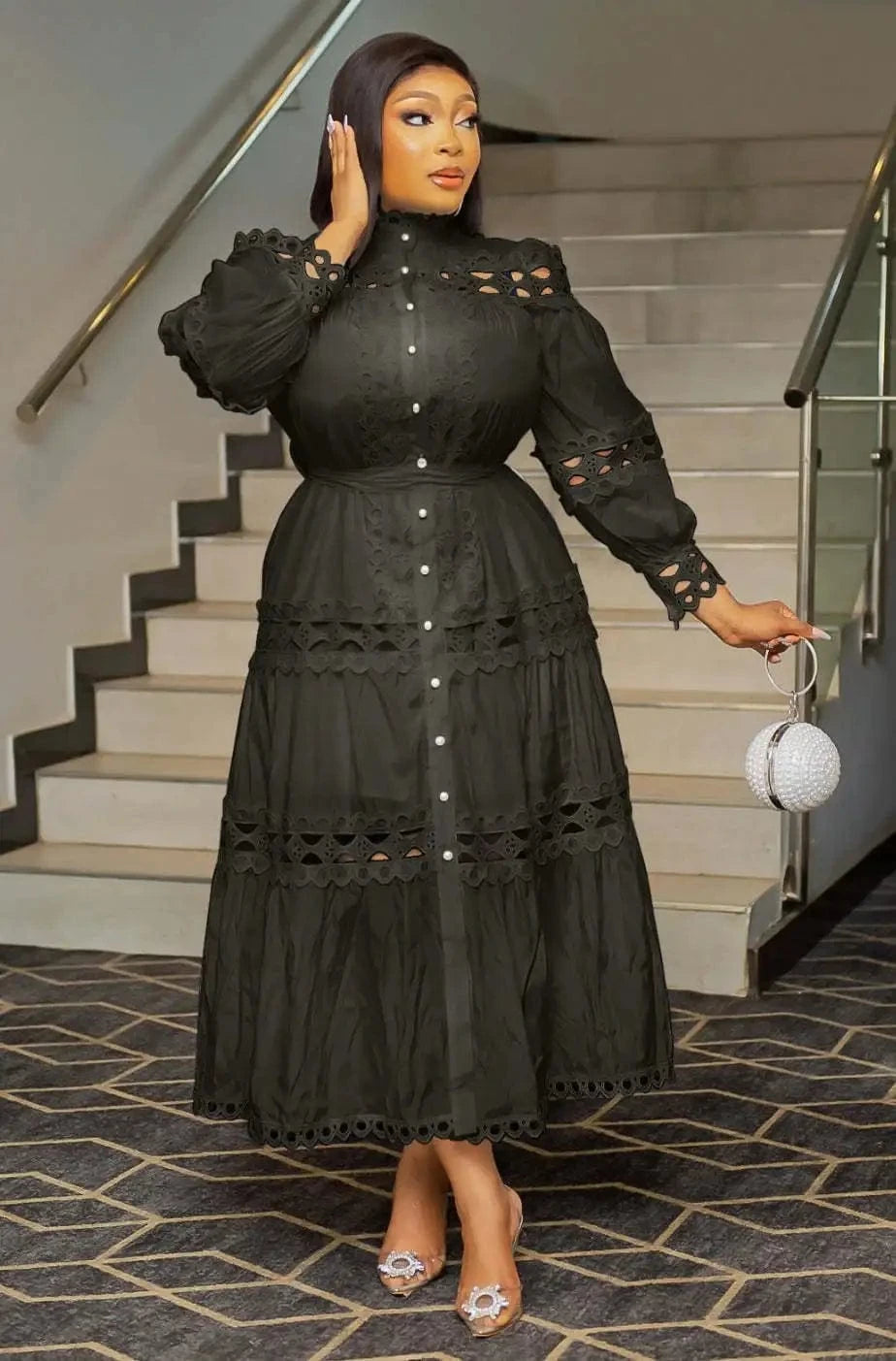 2024 European and American Spring Women's Retro Hollow Lace Spliced Solid Color Round Neck Loose Large Size Long Dress