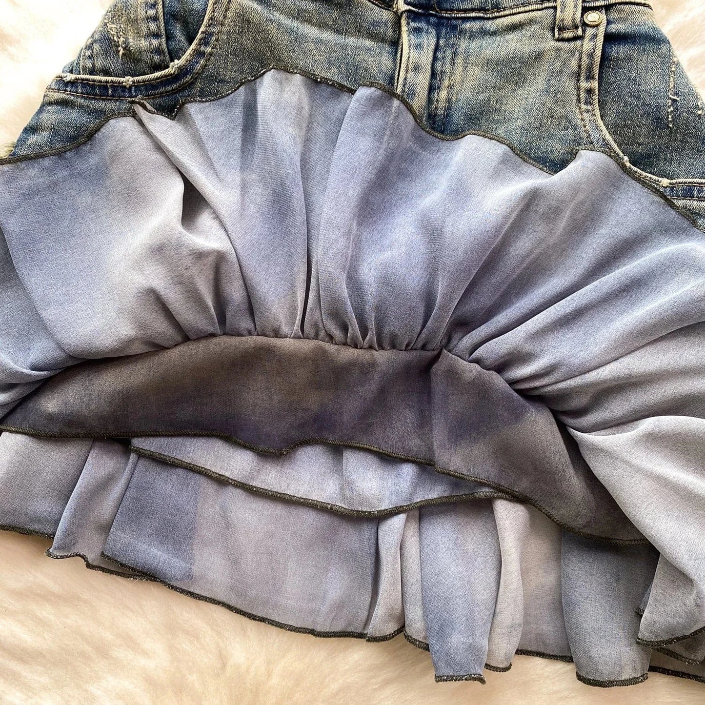 2024 European and American style design chiffon ruffle edge patchwork denim skirt, women mini skirt