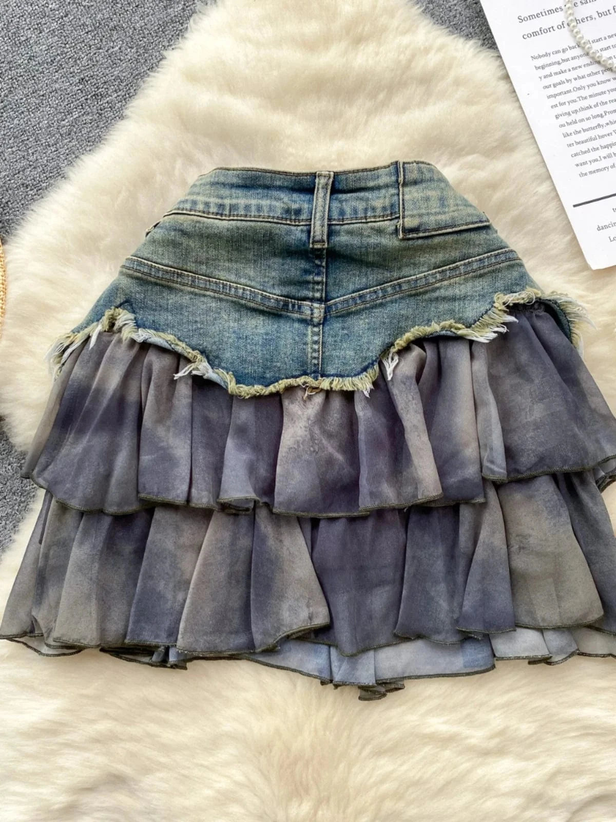 2024 European and American style design chiffon ruffle edge patchwork denim skirt, women mini skirt