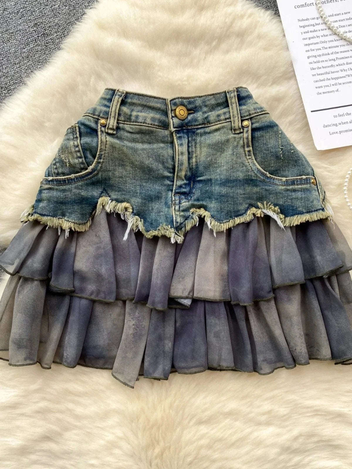 2024 European and American style design chiffon ruffle edge patchwork denim skirt, women mini skirt