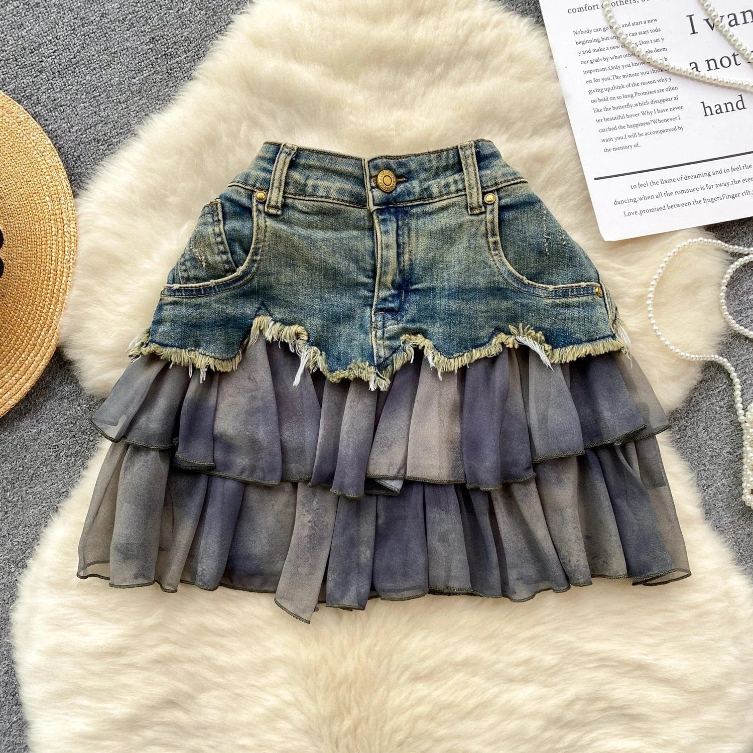 2024 European and American style design chiffon ruffle edge patchwork denim skirt, women mini skirt