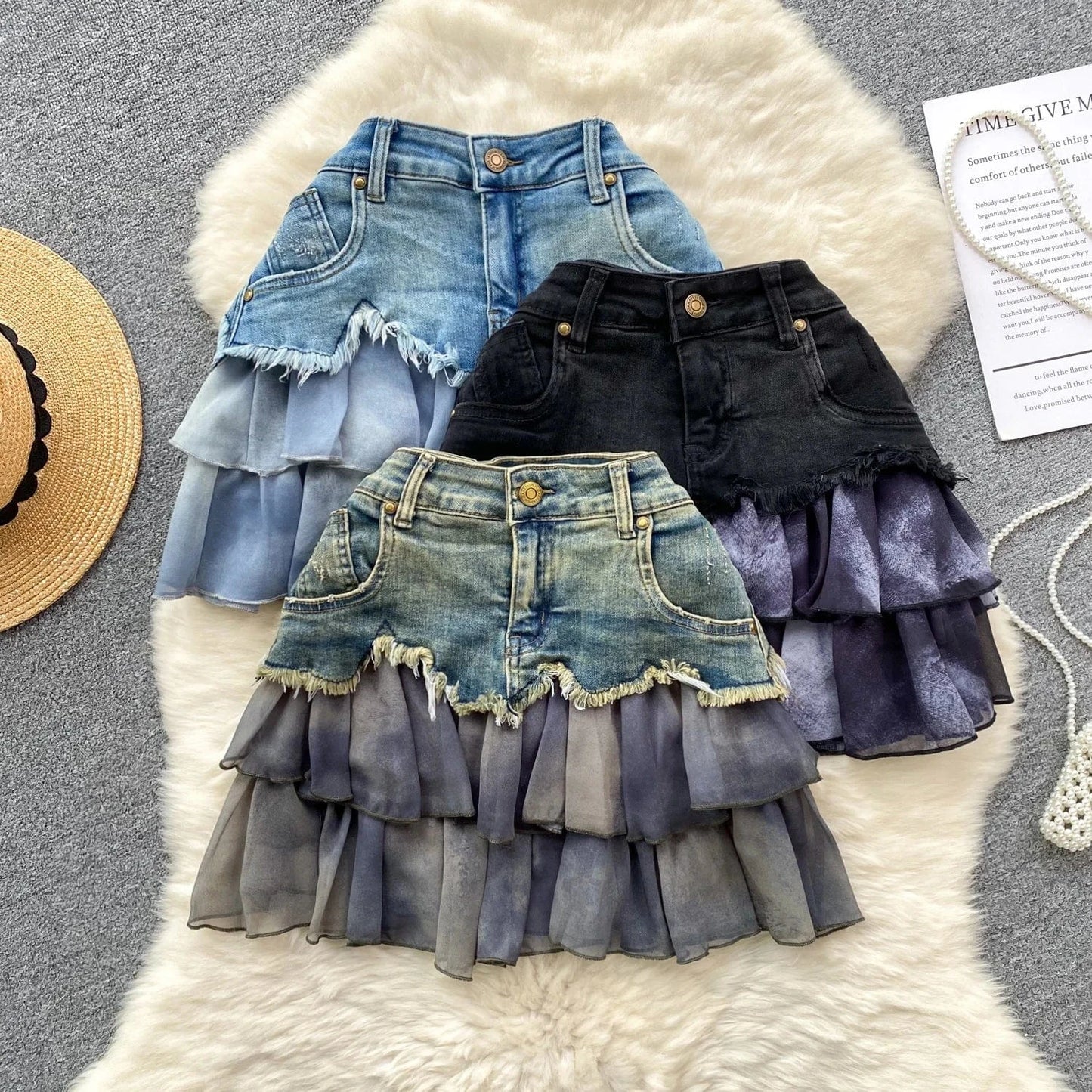 2024 European and American style design chiffon ruffle edge patchwork denim skirt, women mini skirt