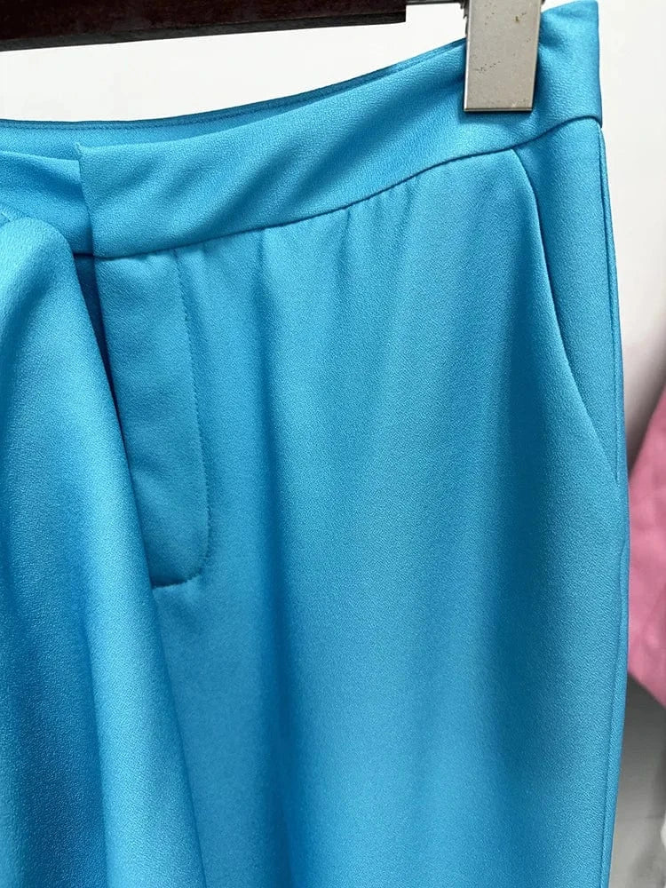 2024 European New Designed Lady Office Suit Sexy V-neckline Long Sleeve Solid Flower Blazer Flared Pants Women 2Pcs