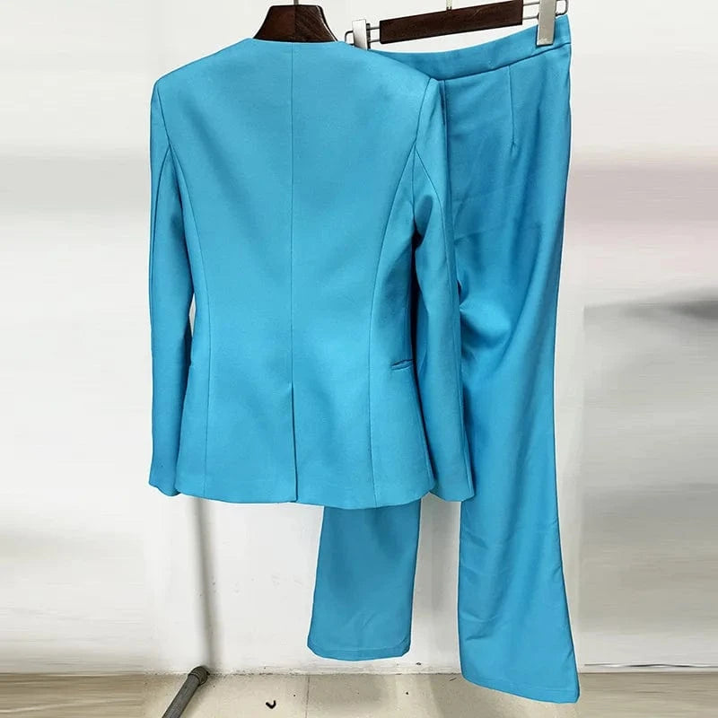 2024 European New Designed Lady Office Suit Sexy V-neckline Long Sleeve Solid Flower Blazer Flared Pants Women 2Pcs