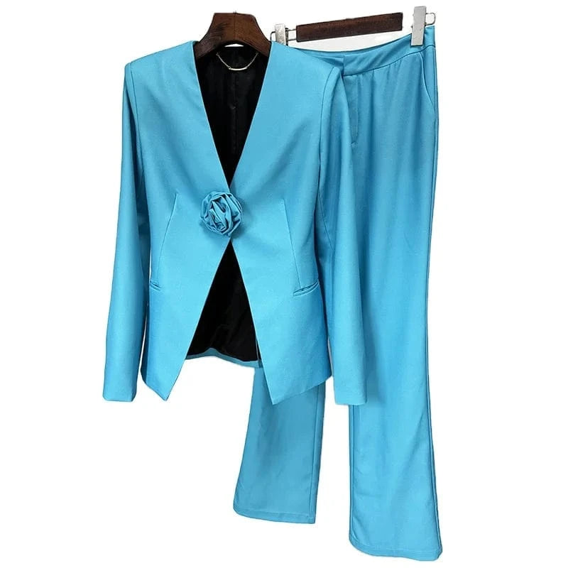 2024 European New Designed Lady Office Suit Sexy V-neckline Long Sleeve Solid Flower Blazer Flared Pants Women 2Pcs