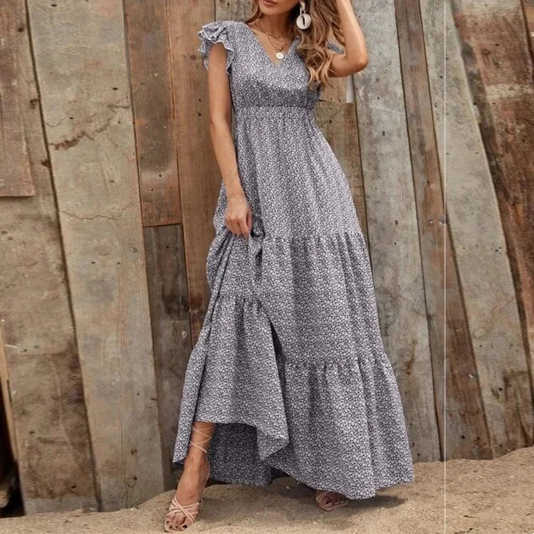 2024 European Summer High Waist Solid Color Short Floral Sleeve Long Loose Dress Print Puffy Skirt Casual Dress