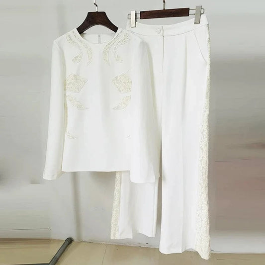 2024 European Vintage Style Lace Patchwork Lady Suit O-neckline Flared Long Sleeve Tops Loose Pants Women Fashion 2Pcs