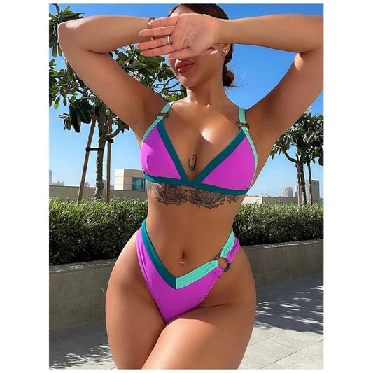 2024 factory designer colorful contrast color two piece high waist bathing suit patchwork bikini set women custom mini swimwear