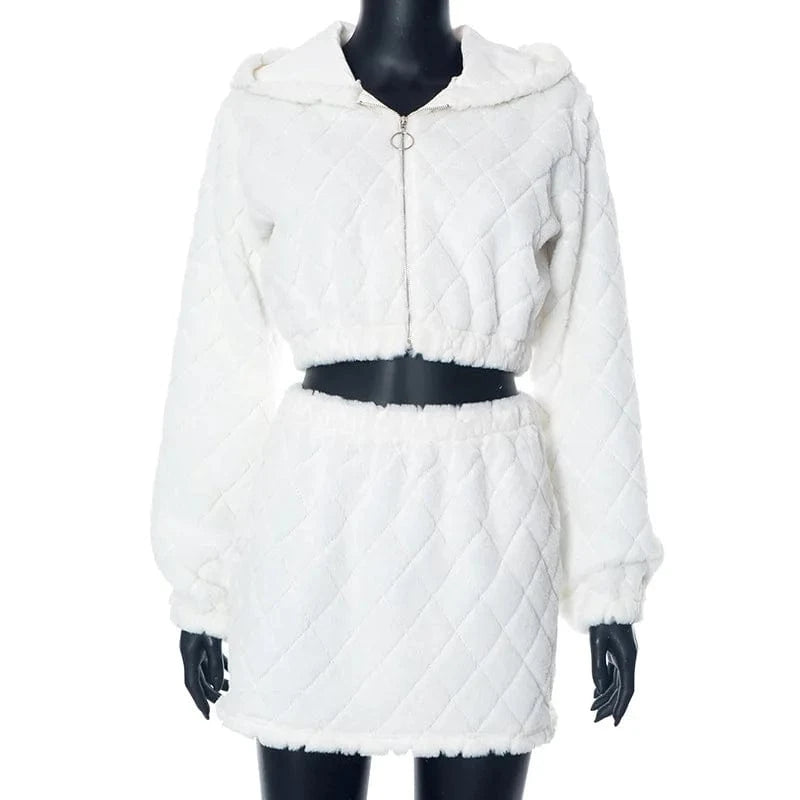 2024 Fall And Winter Hoodie Two Piece Set Long Sleeve Wool Fashionable Women Nightclub Skirt Sets