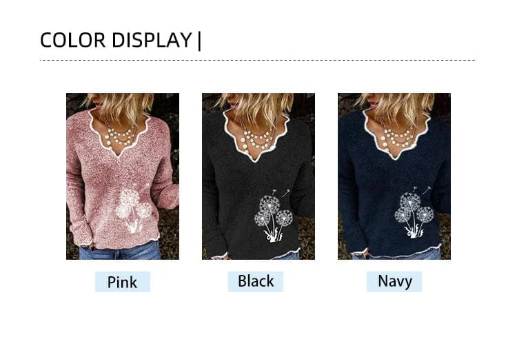 2024 Fall and Winter New Women's Printed Pattern V-neck Sweater Long Sleeve Casual Acrylic Pullover Sweater