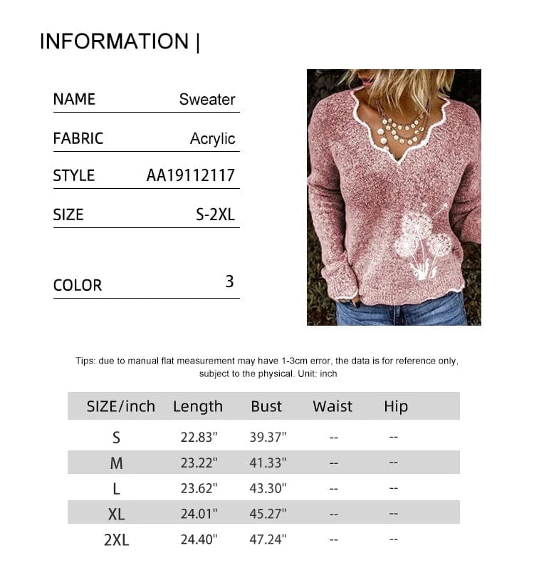 2024 Fall and Winter New Women's Printed Pattern V-neck Sweater Long Sleeve Casual Acrylic Pullover Sweater