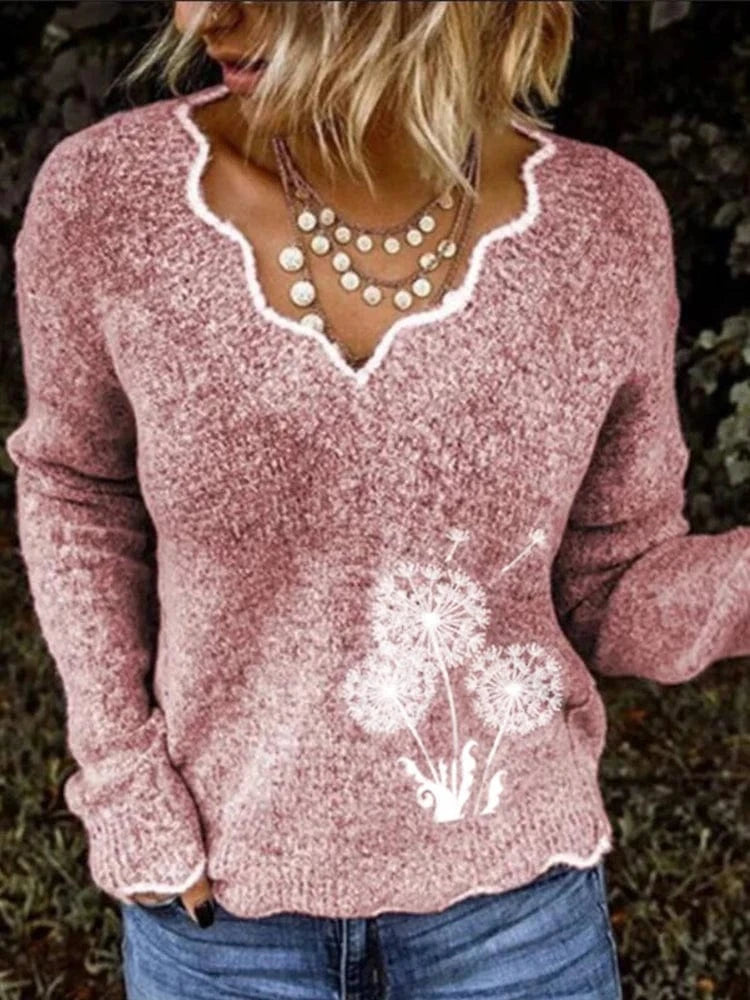 2024 Fall and Winter New Women's Printed Pattern V-neck Sweater Long Sleeve Casual Acrylic Pullover Sweater