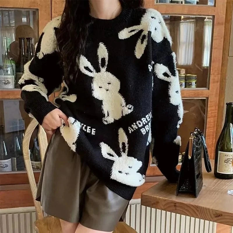 2024 Fall Fashion ladies high quality best-selling crew-neck long sleeve cartoon cute rabbit print knitted Christmas sweater