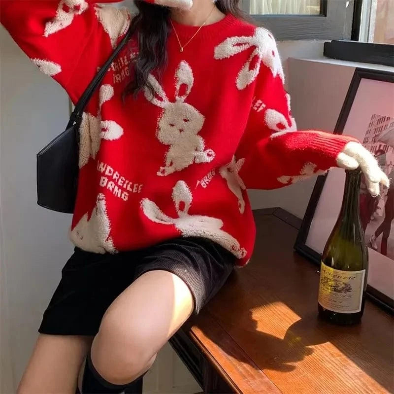 2024 Fall Fashion ladies high quality best-selling crew-neck long sleeve cartoon cute rabbit print knitted Christmas sweater