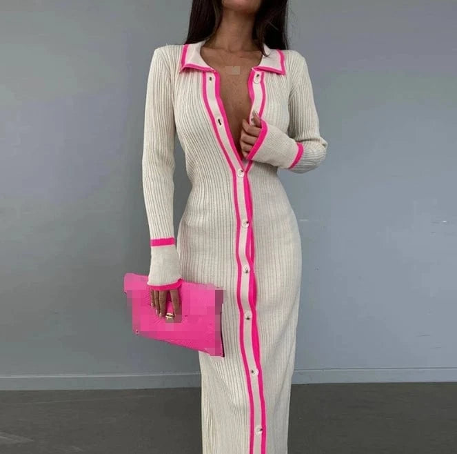 2024 Fall Fashion Patchwork Button Cardigan Dress Long Sleeve Casual Dress Women Turndown Collar Long Dress