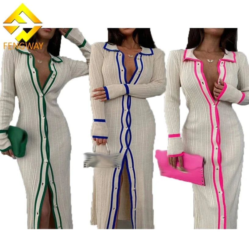 2024 Fall Fashion Patchwork Button Cardigan Dress Long Sleeve Casual Dress Women Turndown Collar Long Dress