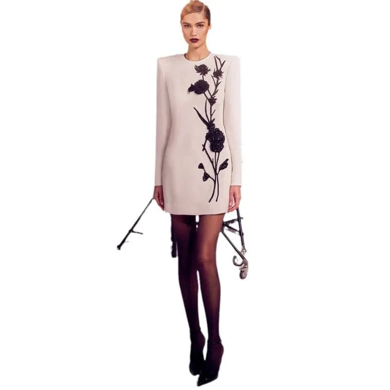 2024 fall new star fashion 3D black flower women's clothing studded long sleeve short white evening dresses
