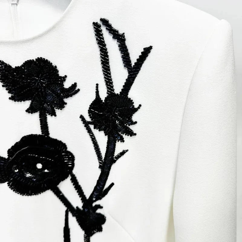 2024 fall new star fashion 3D black flower women's clothing studded long sleeve short white evening dresses