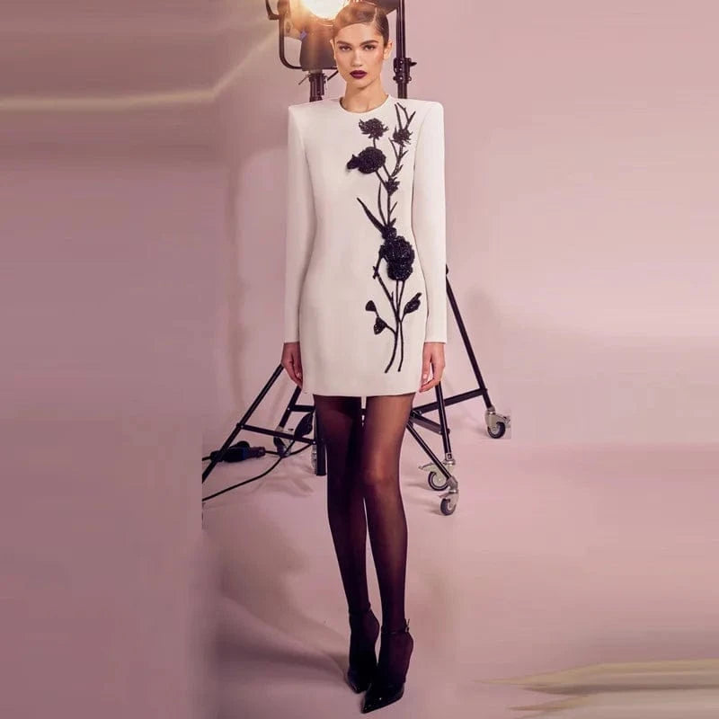 2024 fall new star fashion 3D black flower women's clothing studded long sleeve short white evening dresses